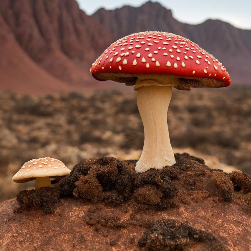 00190-1534710611-masterpiece, intricate photo, precisely elaborated detailed mushroom with reddish cap in the desert, background mountains, sharp.jpg